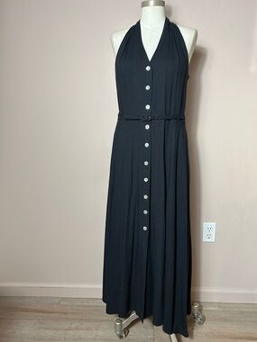 VTG Cotton Black Halter Button-Front Maxi Dress A- line belted 90s retro minimal